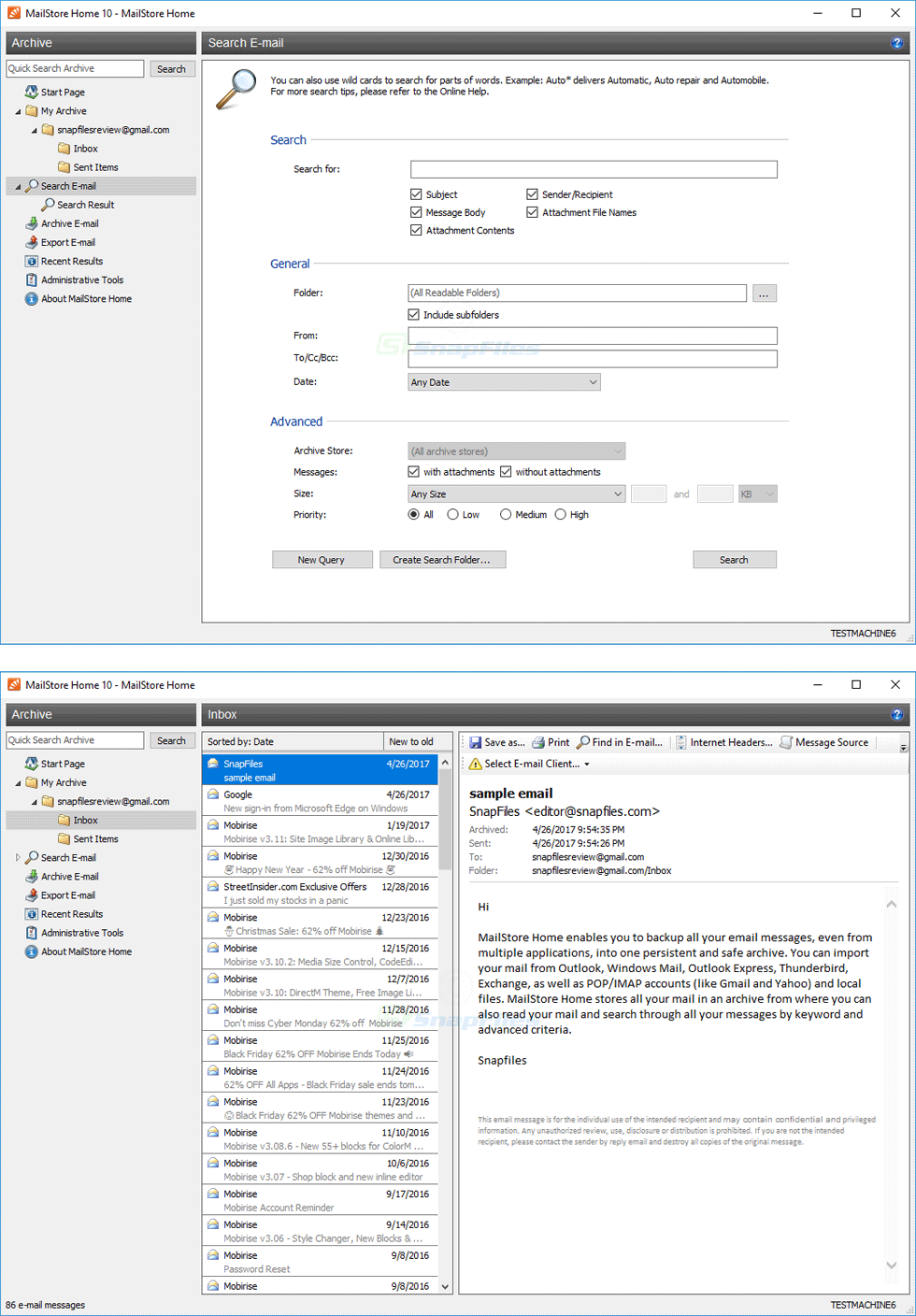 screenshot of MailStore Home